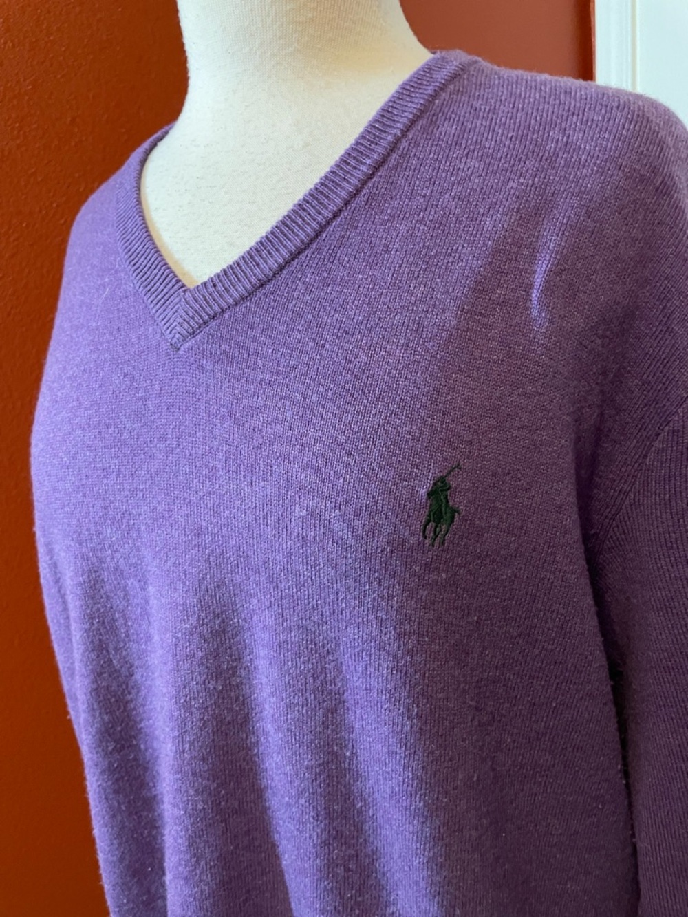 Polo Ralph Lauren Men’s Vintage 100% Merino Wool Purple V Neck Preppy Sweater - Picture 3 of 4